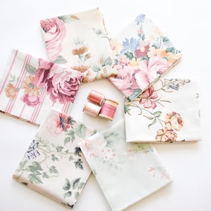 Fat Quarter Bundle of 6 Vintage Sheets, Quilting Fabric, Vintage Sheet Fat Quarters, 18”x22”, Dusty Rose Colors, Soft Pink, Blue, Rose Gold
