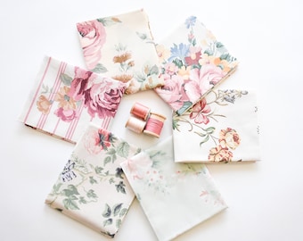 Vintage Sheet Fat Quarter Bundle, Dusty Rose Floral Fabric, Quilting, 6 pc (18”x22")