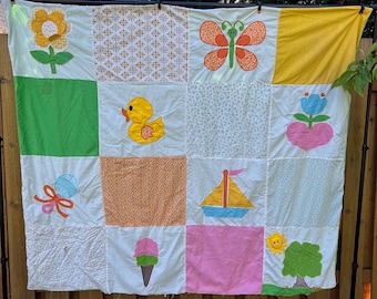 vintage children’s appliqué quilt duvet cover unfinished quilt top 64” x 56”