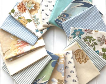 Vintage Sheet Fat Quarter Bundle, Blue Green Beige, Quilting Fabric