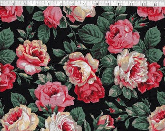 Vintage FABRIC Yardage by the yard, Black with pink white roses cabbage all over print, cottage, grandma, farmhouse, 42" wide Cranston VIP