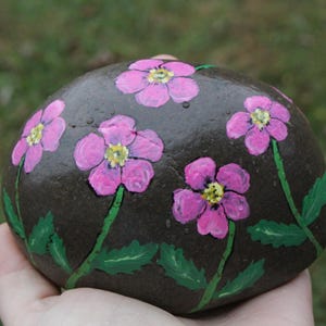 Hand Painted Pink Wild Rose Flower Rock