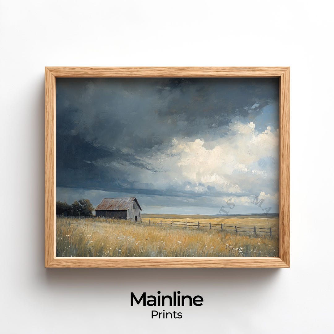 Rustic Farmhouse Landscape Painting - Stormy Skies Country Art (digital ...