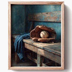 Rustic Americana Sports Art, Vintage Baseball in Glove still-life Painting on Wooden Bench, Moody Printable Baseball Decor, Digital Art 1379