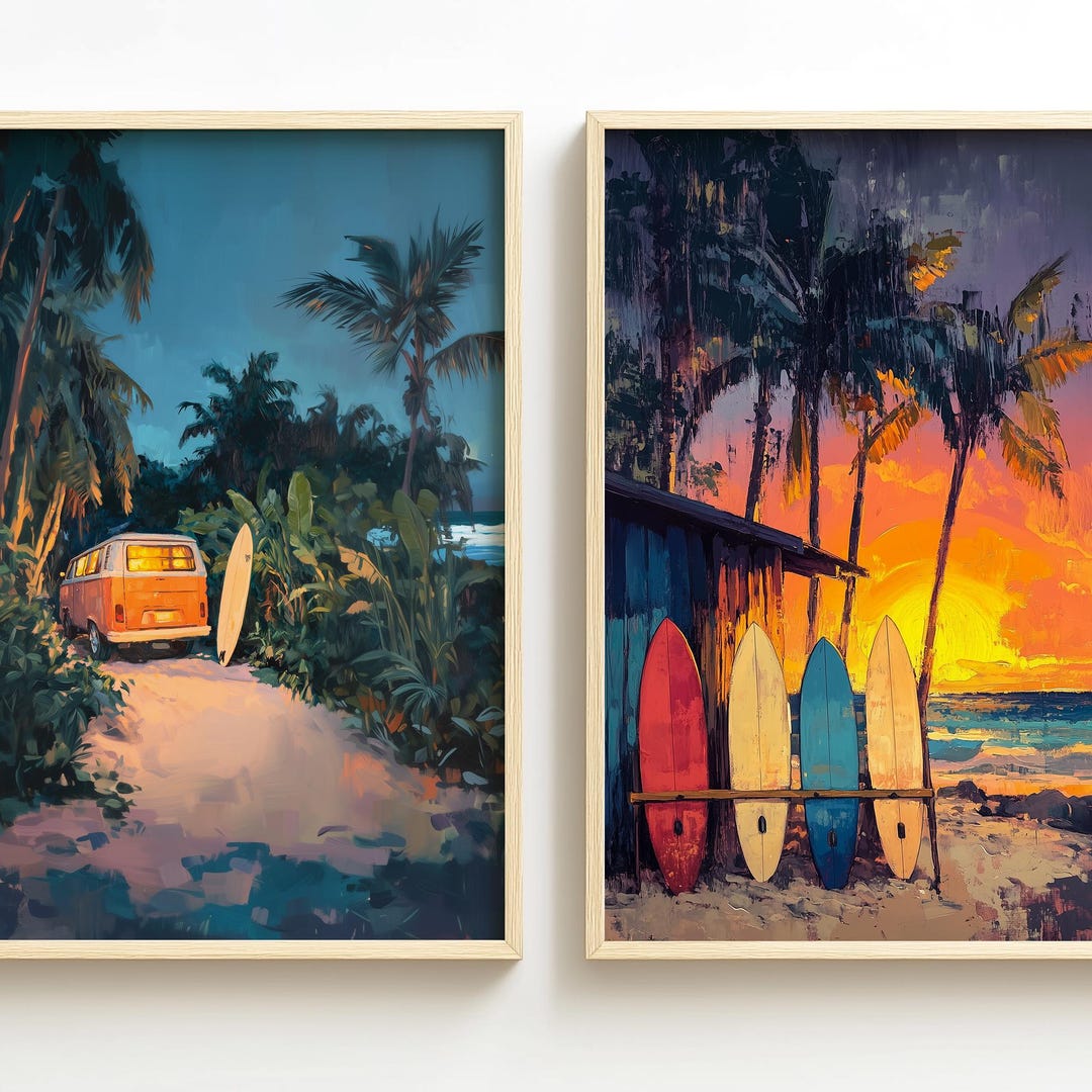 Retro Coastal Surf Wall Art Set of 2, Tropical Beach Vibe, Moody Van ...