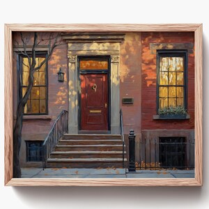 Classic Brownstone Townhouse Painting with Red Door, Warm Vintage Urban Art (Digital Download) 1075