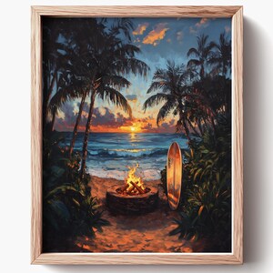 Gezellige strandzonsondergang met longboard - humeurige tropische afdrukbare muurkunst, strandvuurplaatsscène, surfgeïnspireerd decor, digitale download 973