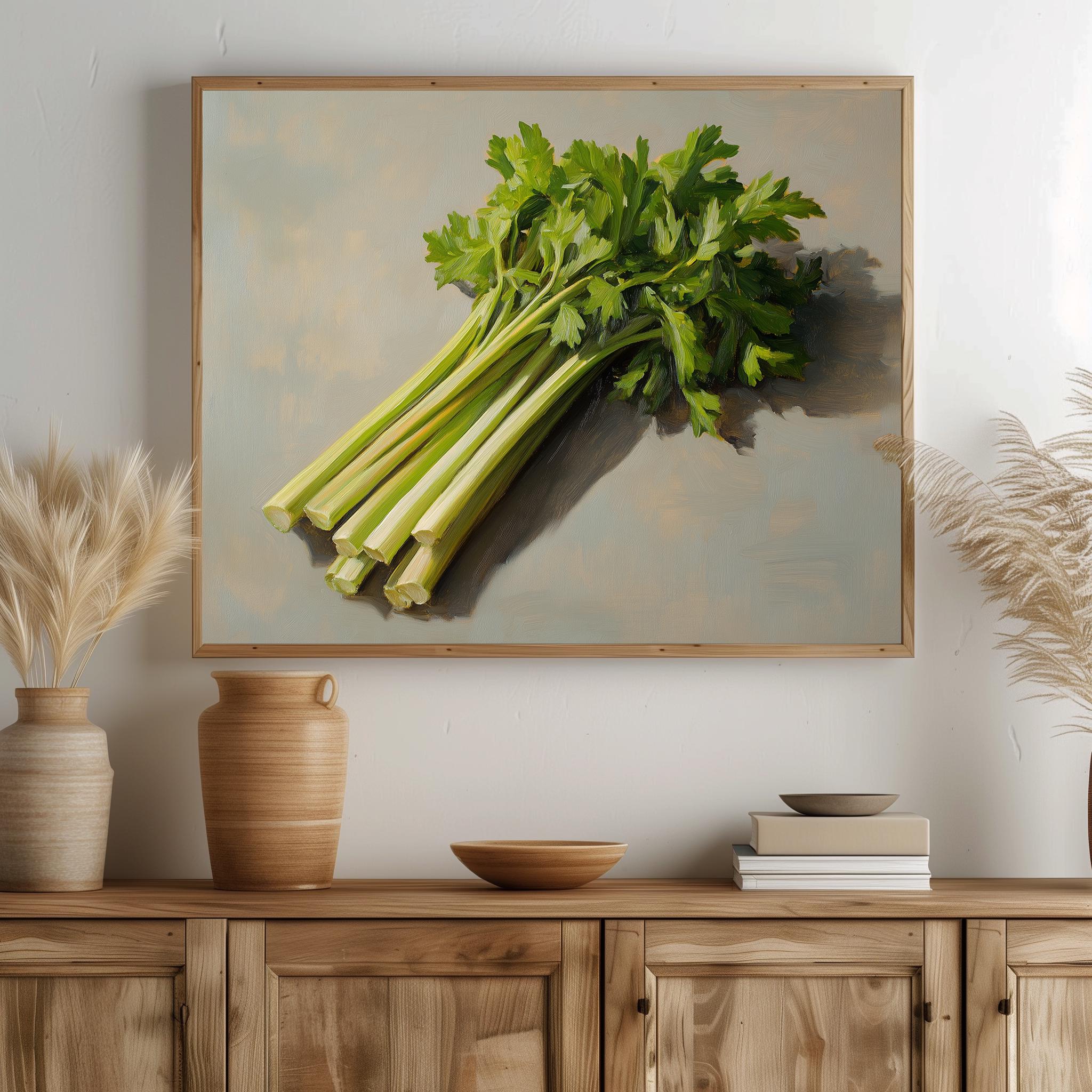 セロリの茎の油絵 - 素朴なキッチンの装飾、ヴィンテージ野菜アート 