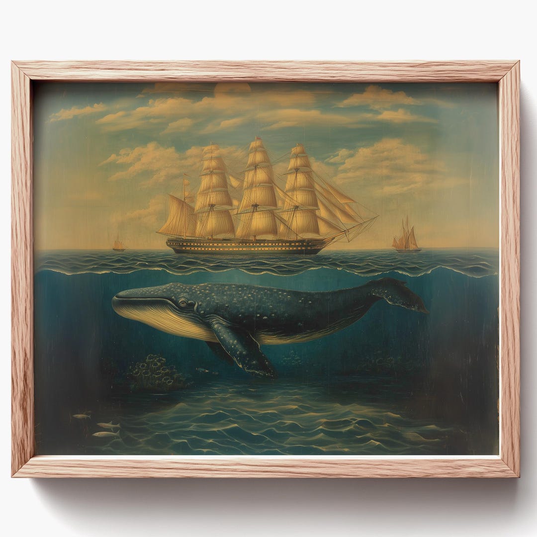 Vintage Nautical Seascape Wall Art - Whale Below Sailing Ship Painting ...