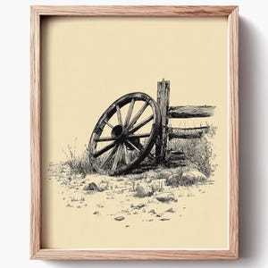 Rustic Vintage Wagon Wheel Sketch - Farmhouse Pen-and-Ink Western Art, Country Fence Post Scene, Weathered Line Art Print, Digital 1540