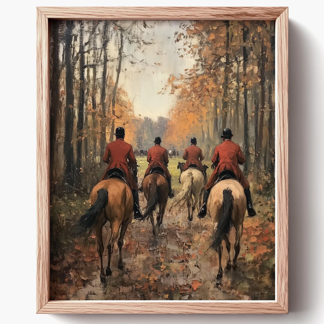 Vintage Equestrian Scene Painting, Autumn Riders in Red Coats Artwork ...