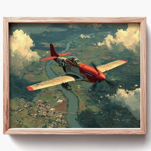 May include: A framed print depicting a vintage aircraft in flight. The plane is red and silver, with a star emblem. The background shows a landscape with a river and clouds. The artwork is presented in a light brown wooden frame.