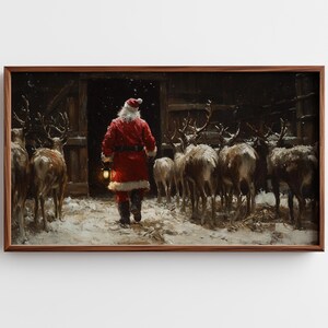 Vintage Christmas Santa Reindeer Stable Art for Frame TV, Festive Moody Rustic Decor, Cozy Winter Lantern Scene, Digital Download 1225