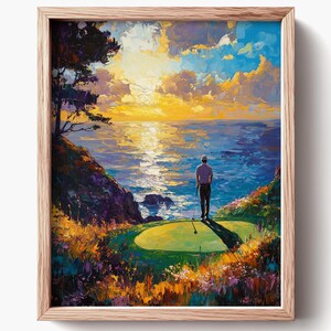 Pôr do sol sobre o campo de golfe do oceano - Arte de parede para impressão, Pintura de silhueta de jogador de golfe solo, Paisagem de verão brilhante, Impressão de decoração costeira 369