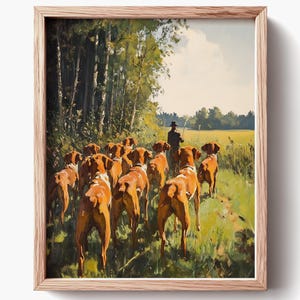 Rustic Oil Painting of Hounds and Handler - Vintage Animal Art, Country Landscape Print, Moody Farmhouse Decor, Printable Wall Art 511