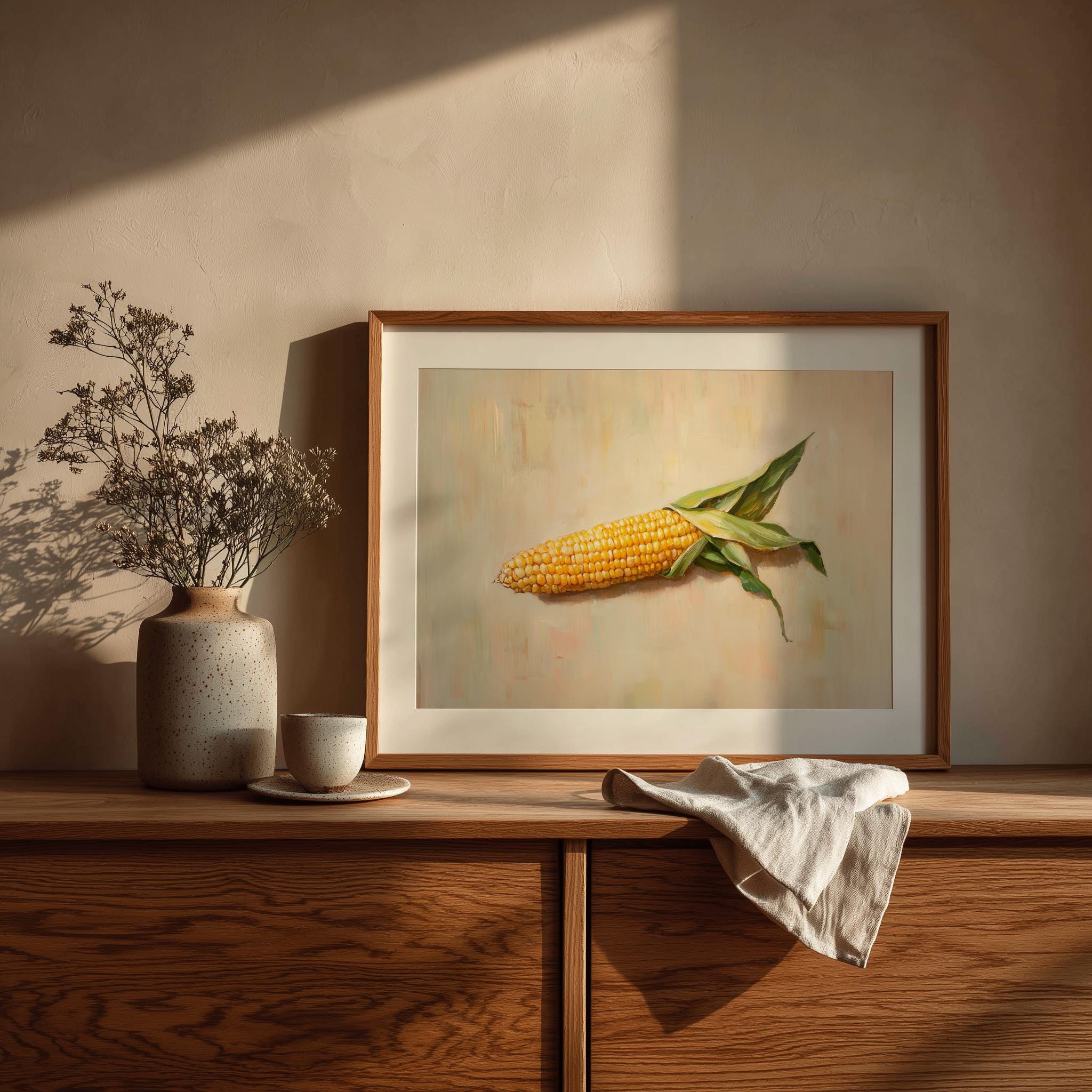 トウモロコシの穂の静物画、素朴な農家風キッチン装飾（デジタル 