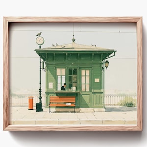May include: A framed print of a green kiosk with a clock and birds perched on top. A person is inside the kiosk. A bench and a red trash can are in front of the kiosk. The print is in a light brown wooden frame.