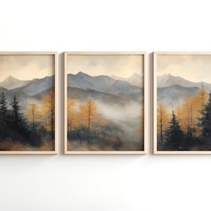 Moody Autumn Mountain Landscape Set of 3: Tranquil Fall Triptych (Digital Download) 886