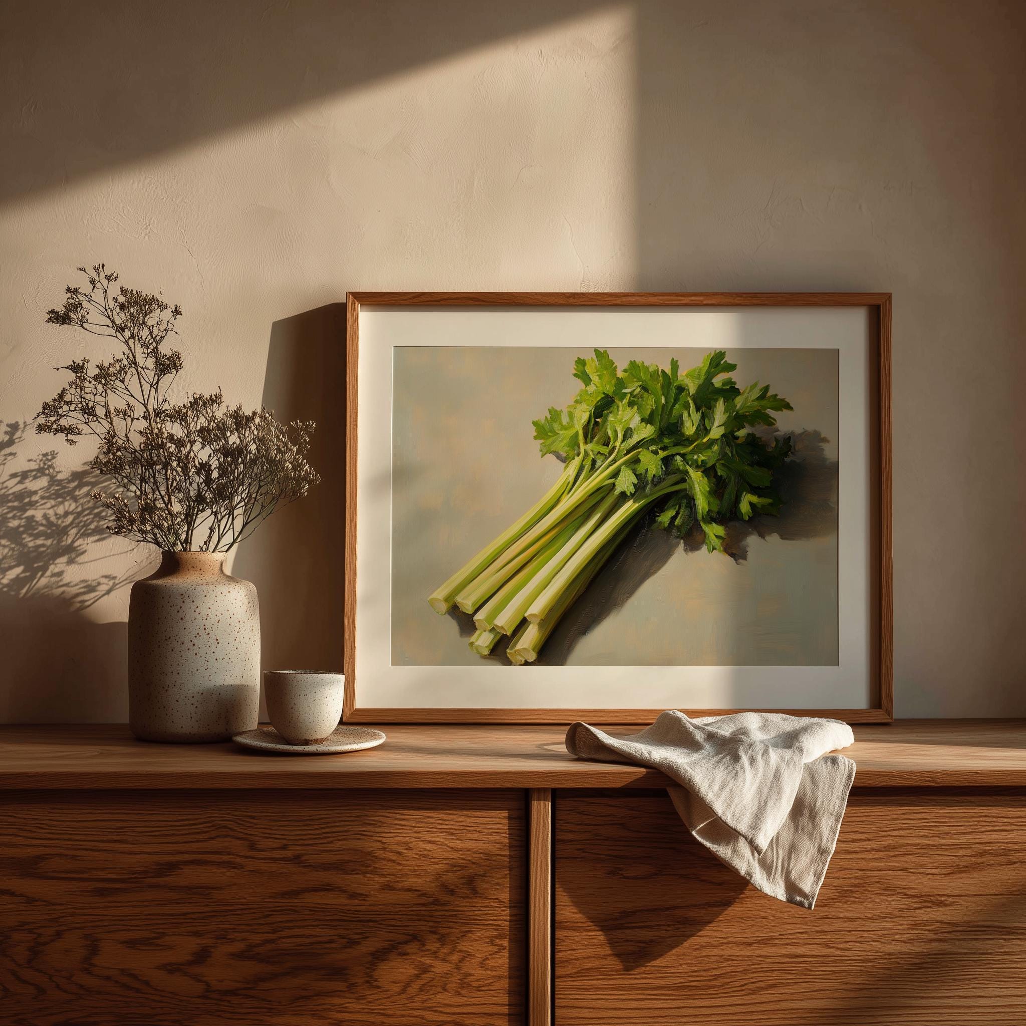 セロリの茎の油絵 - 素朴なキッチンの装飾、ヴィンテージ野菜アート 