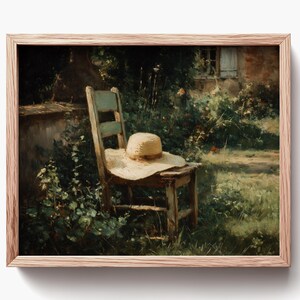 Vintage Wooden Chair with Sun Hat, Cottagecore Cozy Garden Art (Digital Download) 1725