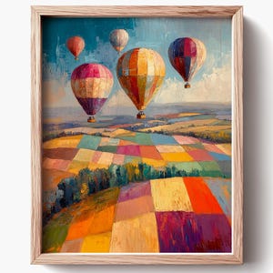 Montgolfières colorées au-dessus de champs en patchwork, paysage pittoresque joyeux (téléchargement numérique) 1109
