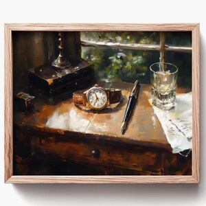 Vintage Tabletop Scene with Wristwatch - Oil Painting Printable, Rustic Decor, Cracked Leather Strap, Classic Office Art Print 308