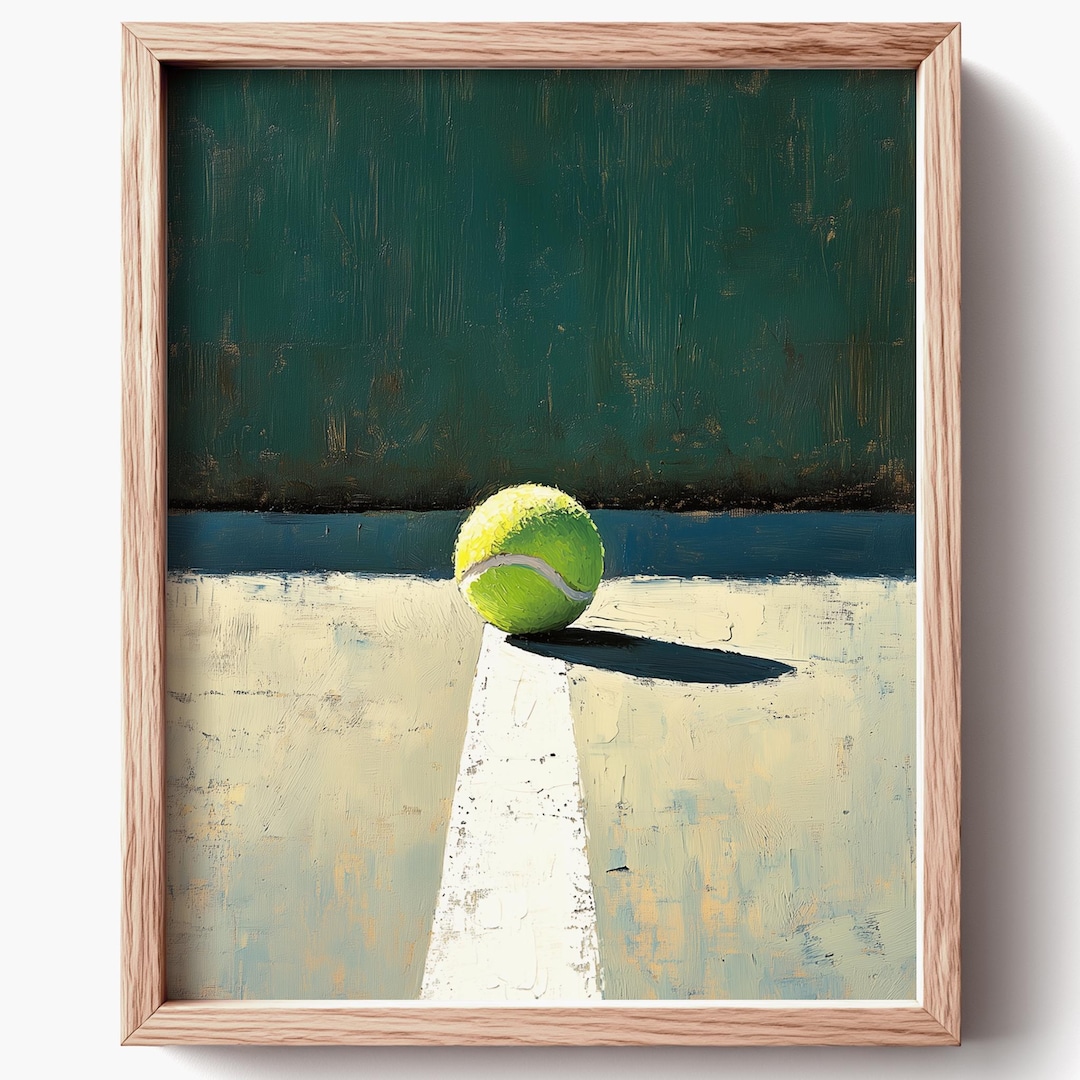 長い影が映るテニスボールの壁画、スポーティーなコートの絵画