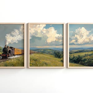 Vintage Railway Landscape Triptych Set, Steam Train Countryside Prints, Rustic Farmhouse Wall Art, Painterly Realism, Printable Decor 888