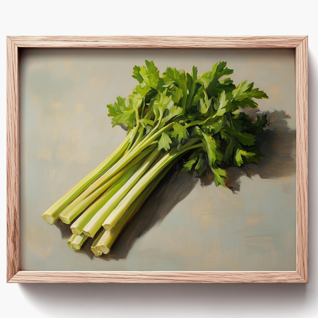 セロリの茎の油絵 - 素朴なキッチンの装飾、ヴィンテージ野菜アート 