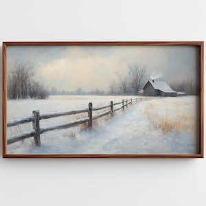 Rustic Winter Farm Scene Frame TV Art, Moody Neutral Landscape Art, Split-Rail Fence and Barn, Samsung Frame TV Art Digital Download 806