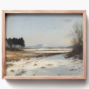 Paisaje invernal con llanuras nevadas - Pintura al óleo rústica, árboles dispersos, arte mural imprimible, escena campestre serena, decoración vintage 642