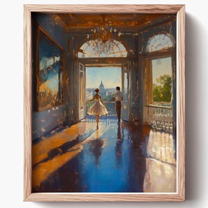 Printable Ballerina Dance Rehearsal Painting - Romantic Classical Art, Elegant Ballroom Scene, Moody Theater Light, Digital Download 1005