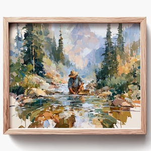 Peut inclure: Une peinture à l'huile encadrée représentant une personne portant un chapeau et une salopette, debout dans un ruisseau de montagne peu profond en train de chercher de l'or. La scène montre des conifères, des rochers et des sommets lointains.