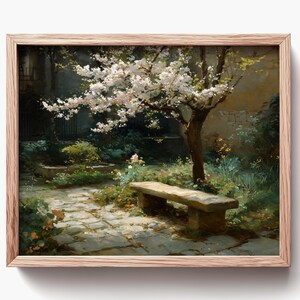 Vintage Spring Oil Painting - Serene Garden Bench Scene, Cottagecore Cherry Blossoms, Rustic Nature Landscape Art Printable Decor 1679