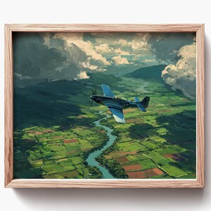 Vintage Airplane Painting - Classic P-51 Mustang in Flight, Dramatic Cloudscape, Moody Aviation Art, Printable Wall Decor Download 1883