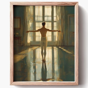 Moody Ballet Rehearsal Printable Art - Serene Male Dancer in Classical Pose, Warm Lighting, Impressionistic Realism, Digital Download 1089