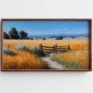 Rustic Meadow Landscape Samsung Frame TV Art, Country Split-Rail Fence Painting, Summer Wall Decor, Digital Download, Farmhouse TV Art 720