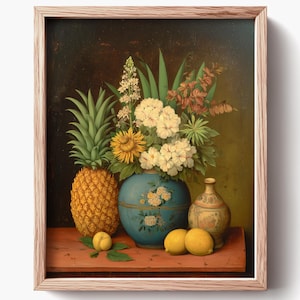 May include: A framed still life painting featuring a pineapple, lemons, and a blue vase filled with flowers. The pineapple is a vibrant yellow, and the lemons are a bright yellow. The vase has a floral design. The painting is in a wooden frame.