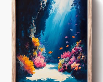 Levendige koraalrifschildering - afdrukbare tropische oceaanscène, onderwatermuurkunst, kleurrijk maritiem decor, digitale aquariumkunst 555