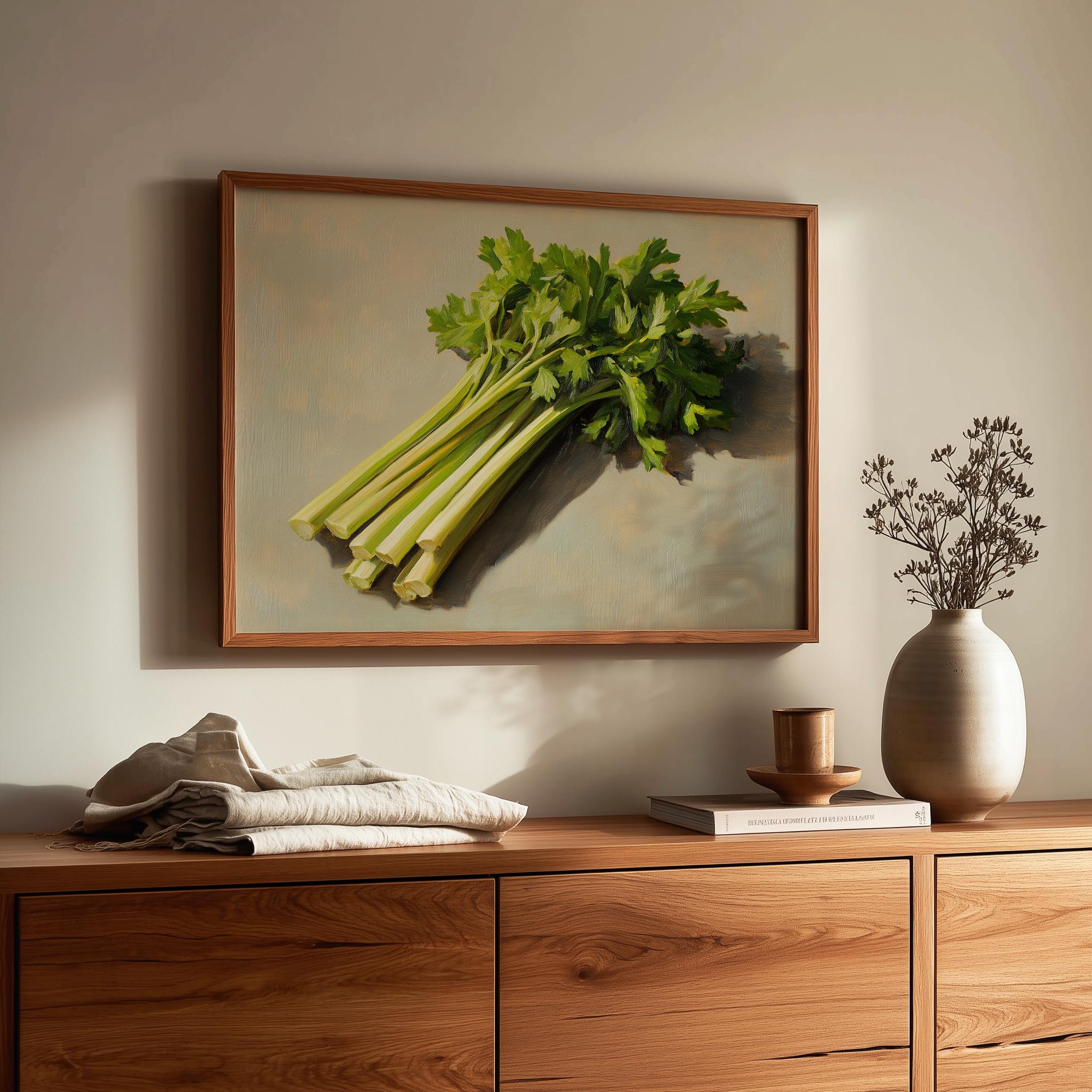 セロリの茎の油絵 - 素朴なキッチンの装飾、ヴィンテージ野菜アート 