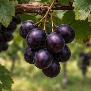 May include: A cluster of dark purple grapes hanging from a vine with green leaves. The grapes are round, smooth, and tightly packed together on the stem. The vine is attached to a woody branch, with other grape clusters visible in the background.