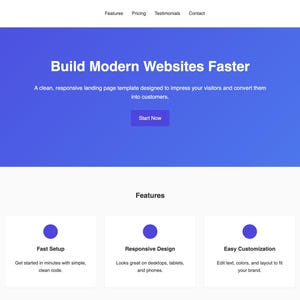 Puede incluir: Un diseño de página de destino de sitio web con un fondo degradado azul. El texto dice "Build Modern Websites Faster" con un botón de llamada a la acción. Debajo hay tres descripciones de funciones: Fast Setup, Responsive Design y Easy Customization.