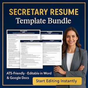 Pode incluir: Um pacote de modelos de currículo de Secretária com o texto "SECRETARY RESUME Template Bundle". A imagem inclui exemplos de páginas de currículo e uma mulher com um blazer cinza. O texto na imagem diz "ATS-Friendly • Editable in Word & Google Docs" e "Start Editing Instantly".
