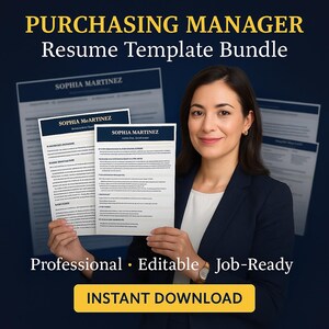 May include: A woman in a navy blazer holds resume templates. The text on the templates reads "SOPHIA MARTINEZ". The image also includes the text "PURCHASING MANAGER Resume Template Bundle", "Professional • Editable • Job-Ready", and "INSTANT DOWNLOAD".