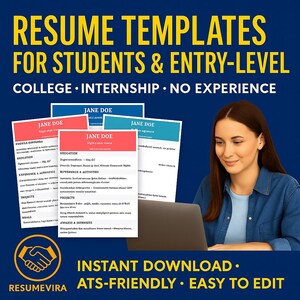 Puede incluir: Un gráfico azul oscuro que promociona plantillas de currículums para estudiantes y puestos de nivel de entrada. El texto dice: "RESUME TEMPLATES FOR STUDENTS & ENTRY-LEVEL COLLEGE • INTERNSHIP • NO EXPERIENCE." Se muestran ejemplos de currículums, junto con una mujer usando una computadora portátil. También está presente el texto "INSTANT DOWNLOAD • ATS-FRIENDLY • EASY TO EDIT".