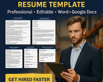 May include: A resume template for a Logistics Coordinator. The template is labeled "Professional, Editable, Word + Google Docs." The image includes sample resume pages and the text "Get Hired Faster."