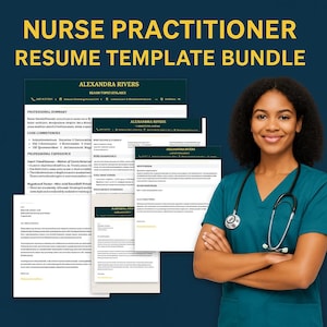 Op de afbeelding: Een bundel van cv-sjablonen voor verpleegkundig specialisten met de tekst "NURSE PRACTITIONER RESUME TEMPLATE BUNDLE" in geel. De sjablonen zijn in tinten wit en groen. Een lachende vrouw in een tealkleurige scrubtop en stethoscoop staat in de afbeelding.