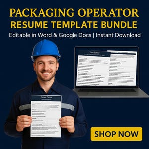Puede incluir: Imagen de un paquete de plantillas de currículum de operador de embalaje. El texto dice "PACKAGING OPERATOR RESUME TEMPLATE BUNDLE" y "Editable in Word & Google Docs | Instant Download". Una persona con un casco azul sostiene un currículum. Un portátil muestra un currículum.