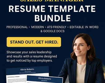 May include: A dark blue graphic with the text "SALES MANAGER RESUME TEMPLATE BUNDLE". The image also includes the text "STAND OUT. GET HIRED." and two resume templates. A woman in a navy blue blazer is on the right side of the image.