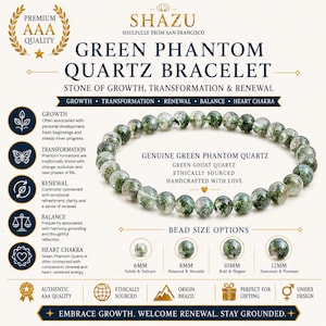 Op de afbeelding: Een cirkelvormige armband gemaakt van doorschijnende groene fantoomkwarts kralen met zichtbare interne insluitingen. De afbeelding bevat tekst die het product beschrijft als echte groene fantoomkwarts, ethisch verkregen, beschikbaar in 6mm, 8mm, 10mm en 12mm kralen.